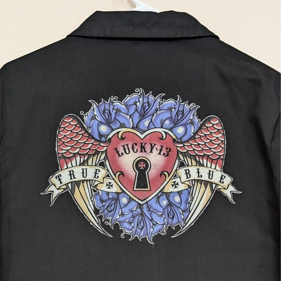 VTG Lucky 13 Collared Lightweight Biker Jacket Women's XL True Blue Angel Wings - Picture 11 of 14